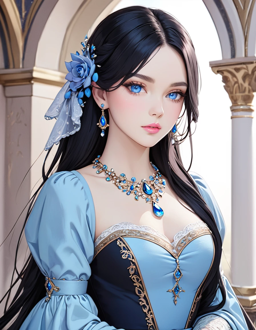 Beautiful woman with very long black hair, side-swept bangs, sparkling blue eyes, light pink lips, fair skin. Elegant but modest renaissance dress and a blue teardrop shaped necklace.