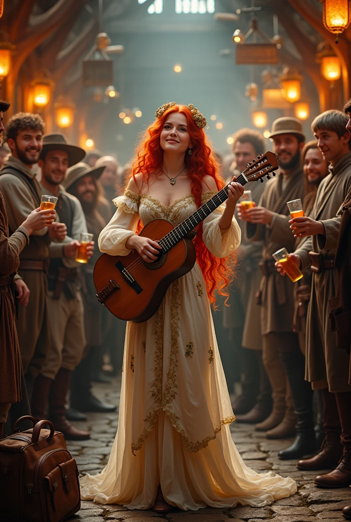 20 year old redhead fairy, eyes browns,wearing a floral medieval dress, with adventurer's bag, in a tavern while playing the instrument fight happily, adventurers all around smiling and drinking all looking medieval