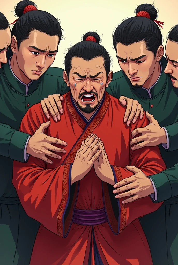 A Chinese guy, who is crying, and wearing red traditional clothing, and is getting hold back by men. In anime art style