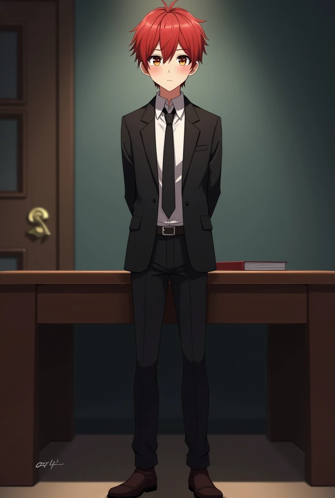 create an anime style image, There is a young adult man, thin but not that much, White skin, red hair and hazel brown eyes, He is wearing a black suit with a tie and dark brown shoes., He is standing next to a table with his hands behind his back and looking shy., The boy smiles shyly and there is a slight blush on his cheeks. The background is of an office that is dark. In the picture he is seen from head to toe. anime style