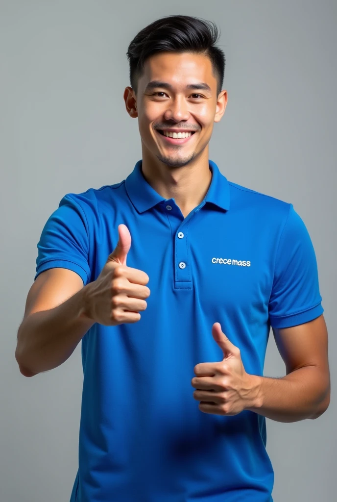 Create an image of a young white man with no beard in an electric blue shirt collar with a thumbs up. In addition, the polo shirt must have the words "CRECE MASS" woven in the chest.
Let him be a realistic man , black hair