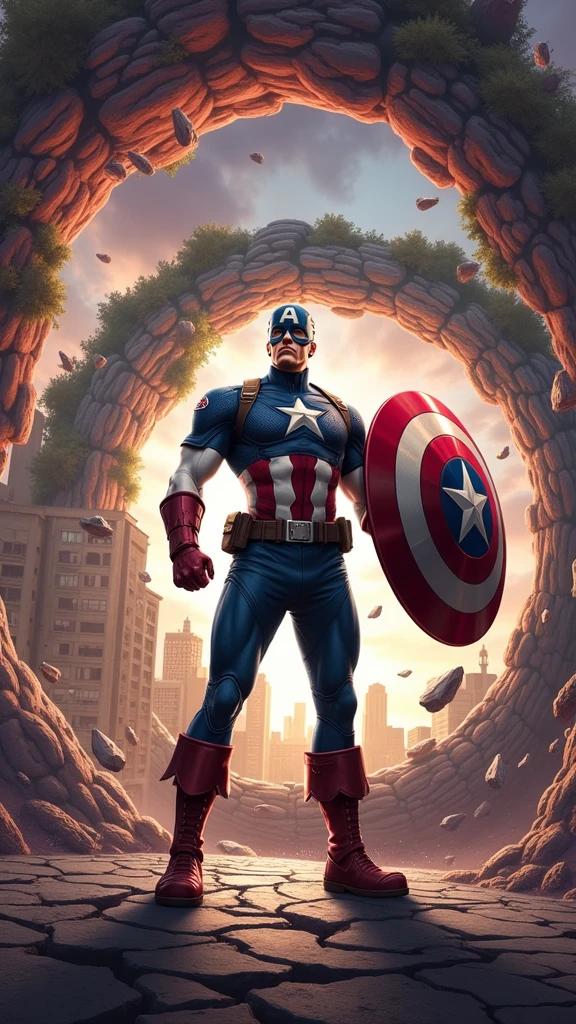 Captain America stands in the middle of a collapsing reality, with the world around him bending, warping, and twisting in impossible ways. The focus is on the intense visual distortions that affect the environment and Captain America himself.
Detalhes Visuais: Captain America’s figure should appear slightly warped, as if being pulled in different directions by the forces distorting reality. His shield is now glowing more intensely, emitting pulses of energy trying to stabilize the chaos. The environment around him—buildings, trees, and even the ground—should look as if they are being stretched and twisted, with some elements bending towards the center where Captain America stands. Colors are exaggerated, with unnatural hues and patterns swirling in the air, creating a surreal atmosphere.
(The composition centers on Captain America, with the surrounding environment curving and spiraling towards him, emphasizing the idea that reality is collapsing inward. The perspective should be slightly tilted, adding to the sense of disorientation. In the background, fragments of past and future timelines should be faintly visible, adding layers of complexity to the scene)
Atenção ao Ambiente: The environment should reflect a mix of familiar elements (like buildings and natural features) that are twisted and distorted beyond recognition. The sky is a chaotic swirl of colors—deep reds, purples, and greens—reflecting the unnatural state of the world. The ground beneath Captain America is fractured, with pieces floating slightly off the surface, defying gravity.
Referências Emocionais: The atmosphere is chaotic and unsettling, with a strong sense of urgency. Captain America’s posture is tense, as he struggles to maintain his balance and composure amidst the collapsing reality. His face shows determination but also hints of fear as he confronts a force that threatens to tear apart everything he knows.
Equilíbrio entre Detalhe e Simplicidade: The image should balance the complexity o