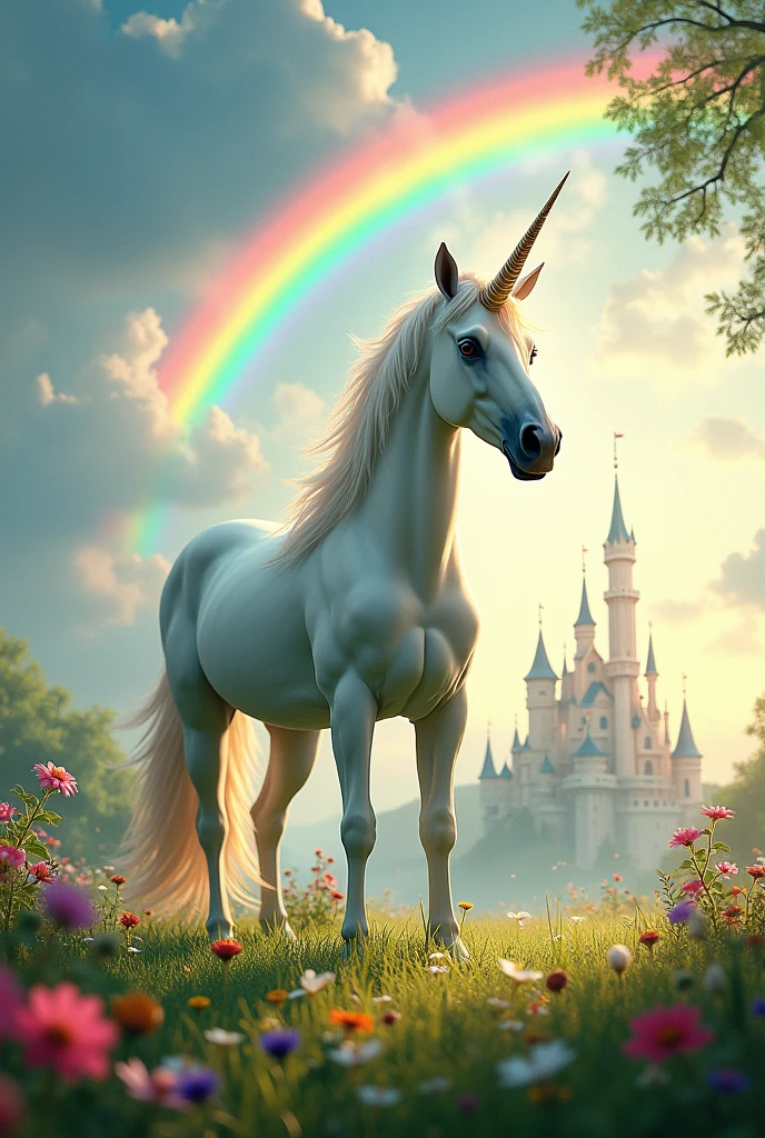 Unicorn on a green grass with a rainbow behind, with flowers and a castle shiny effects, SYMPHONY