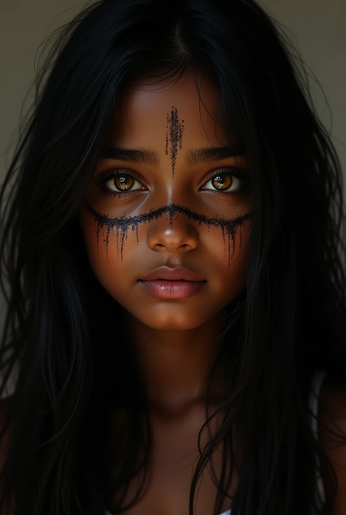 Indian girl, dark skin brunette, black straight hair, light yellow eyes, splattered nose