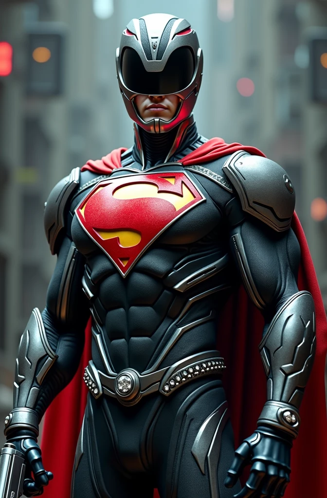 superman version power ranger ultra realism with the helmet facing forward and with diamonds on his neck and an pistol in his hand smiling at the camera