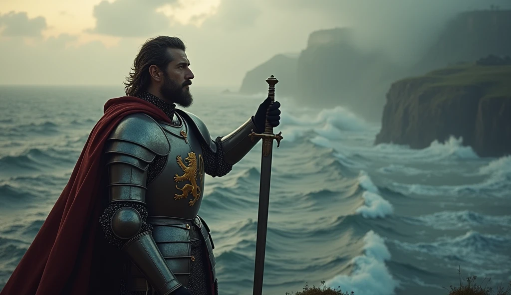 Create an image of Edward III of England in a dramatic stance, overlooking the English Channel with the coast of France visible in the distance. Edward III stands on a cliff or a high vantage point, wearing a regal suit of armor adorned with the English lion emblem. He raises a hand or a sword, symbolizing his claim to the French throne with a determined expression. The background features the turbulent waters of the Channel under a stormy sky, with the distant French coastline partially obscured by mist. The scene captures the tension and grandeur of his claim, illuminated by a mix of natural light and the dramatic hues of dawn or dusk, emphasizing both his authority and the historic significance of the moment., Surrealism, Hyperrealism, UHD, retina, masterpiece, accurate, anatomically correct, textured skin, super detail, high quality, 16k