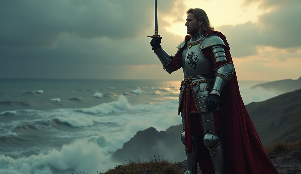 Create an image of Edward III of England in a dramatic stance, overlooking the English Channel with the coast of France visible in the distance. Edward III stands on a cliff or a high vantage point, wearing a regal suit of armor adorned with the English lion emblem. He raises a hand or a sword, symbolizing his claim to the French throne with a determined expression. The background features the turbulent waters of the Channel under a stormy sky, with the distant French coastline partially obscured by mist. The scene captures the tension and grandeur of his claim, illuminated by a mix of natural light and the dramatic hues of dawn or dusk, emphasizing both his authority and the historic significance of the moment., Surrealism, Hyperrealism, UHD, retina, masterpiece, accurate, anatomically correct, textured skin, super detail, high quality, 16k