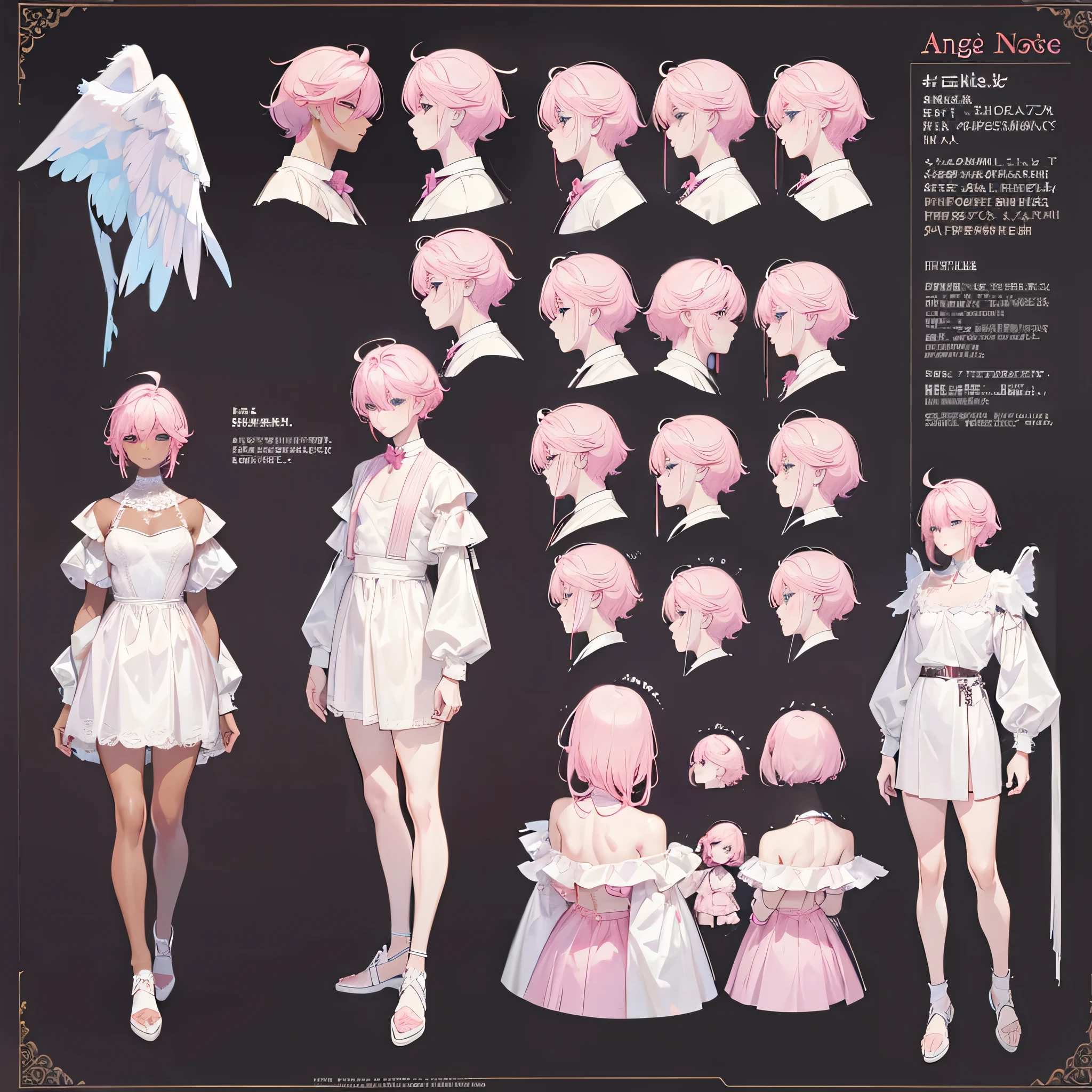 (Masterpiece, best quality), detailed, 1 man, ((character concept art)), ((character design sheet, same character, front, side, back)), full body, body complete, 1 Male angel, 1 Man angel, Detailed face, character design sheet,full bodyesbian, Highly detailed, character sheet, character design, Many parts, dark skin, angel wings, short pink hair, angel outfit, muscle male god, male clothes, masculine, muscle man, male muscle, manly, male angel, Muscle male with short pink hair,beautiful man, beautiful muscle man