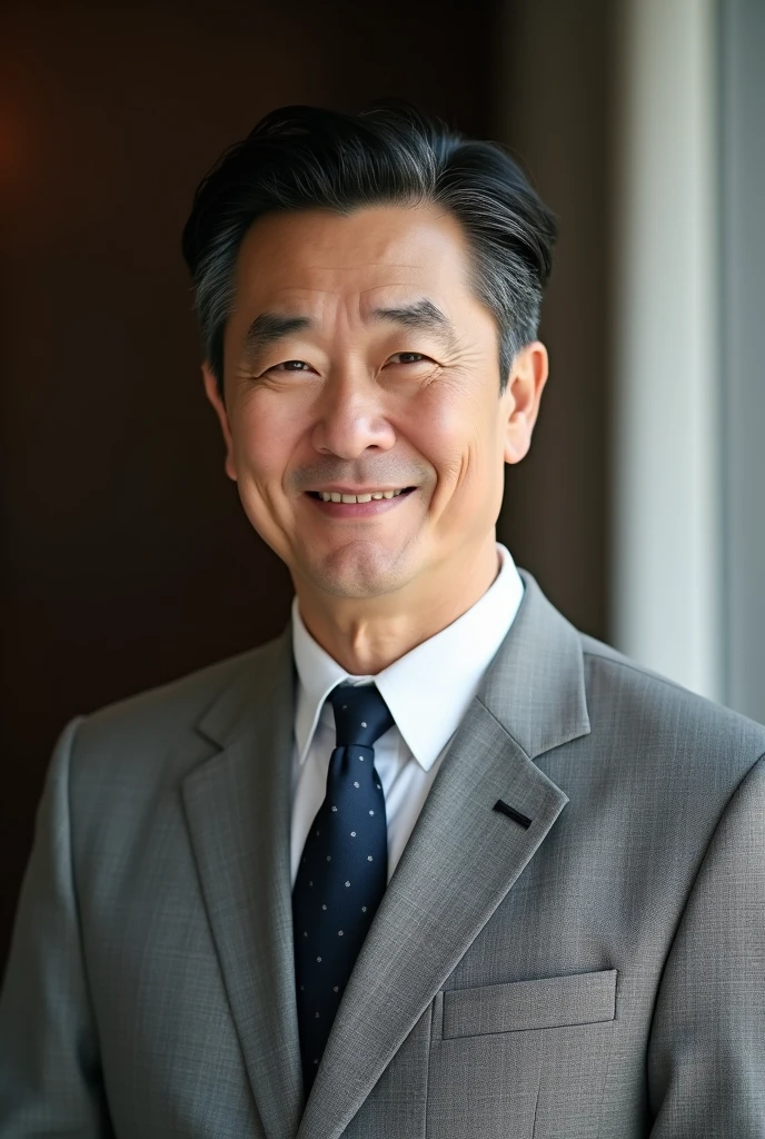 A real photo of a handsome 60-year-old Korean man wearing a suit