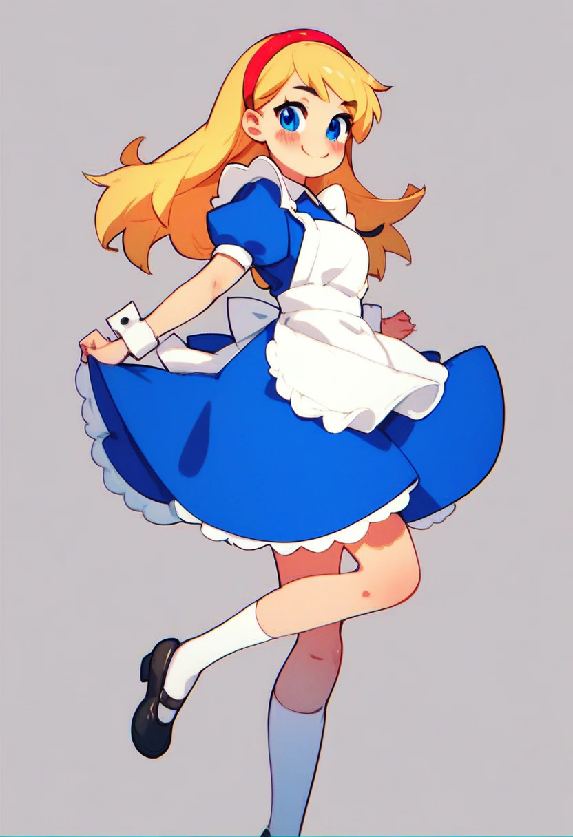 score_5_up,score_6_up,score_7_up,
1girl, solo, standing_on_one_leg, wearing (blue dress, white apron, red hairband, white socks, striped socks, black mary janes), short puffy sleeves, detached cuffs, long blonde hair, blue eyes, blush, smiling, simple background