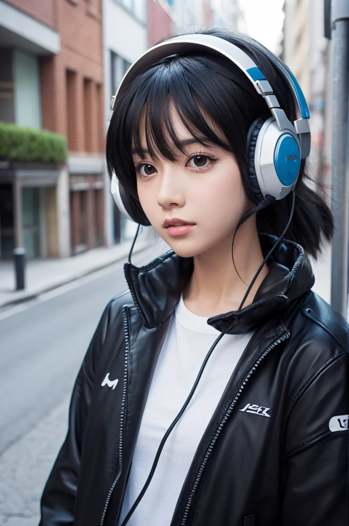 Black-haired anime wearing headphones