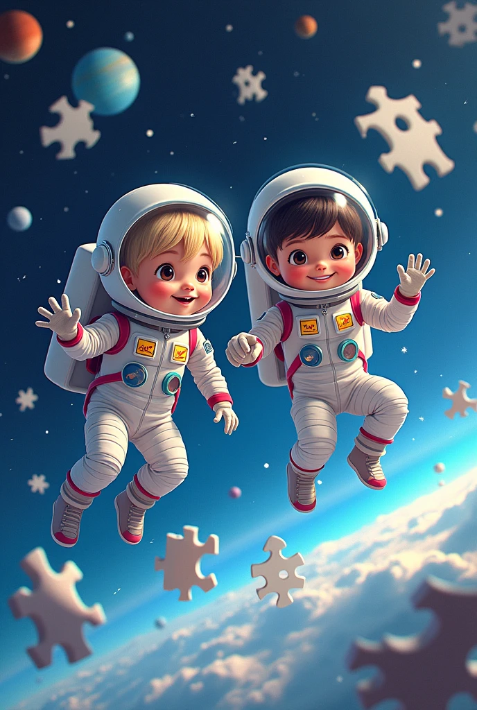 two astronaut children playing in space surrounded by planets and puzzles