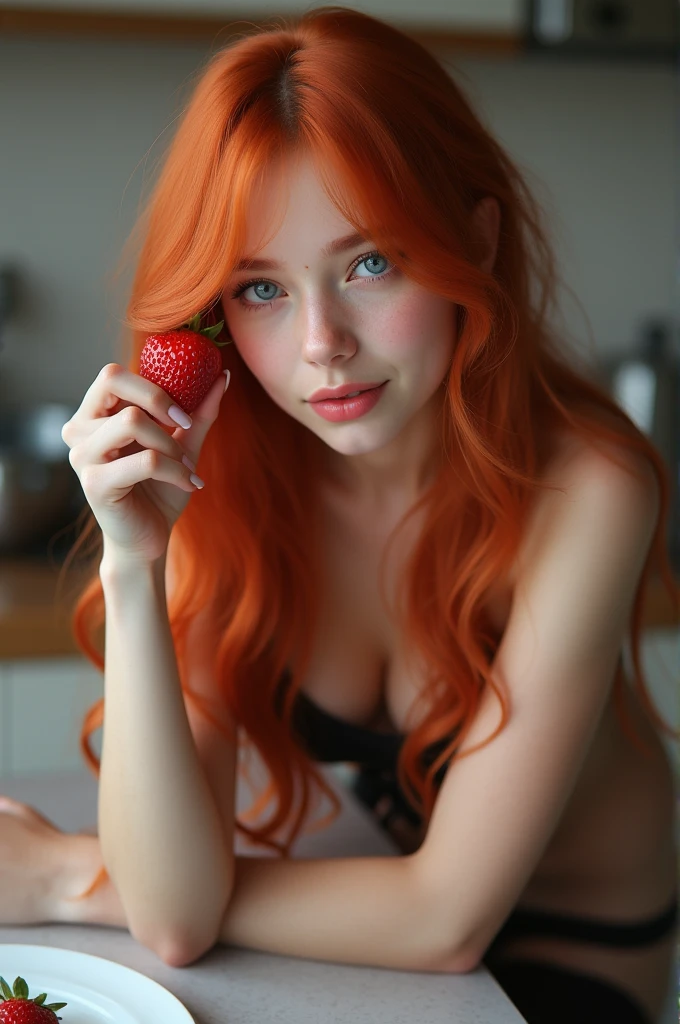 ultra realistic, photography, long red hair, girl, 24 years old, hourglass figure, perfect body, small breasts, Flirty look, extremely detailed artgerm, in the style artgerm, facing the camera, lens 35 mm, blur background, standing in the kitchen, leaning over the counter and eating some strawberries, eating strawberry, enjoying a strawberry, delicious, wearing a tight crop top and hot pants