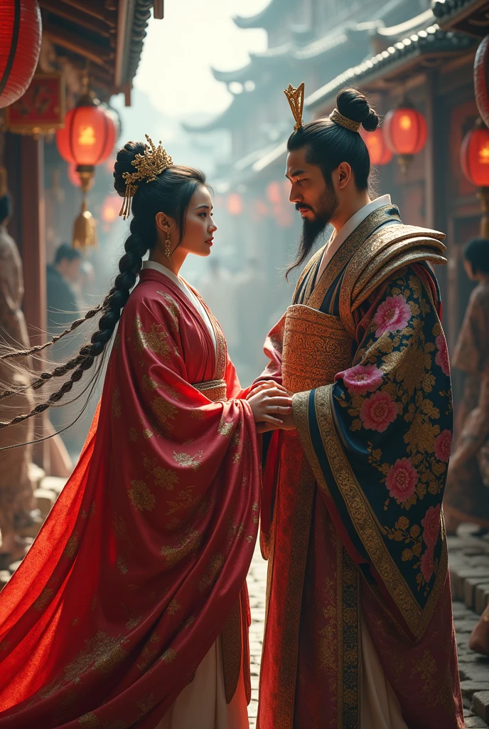 Japanese sorceress and emperor in a market in the year 1800