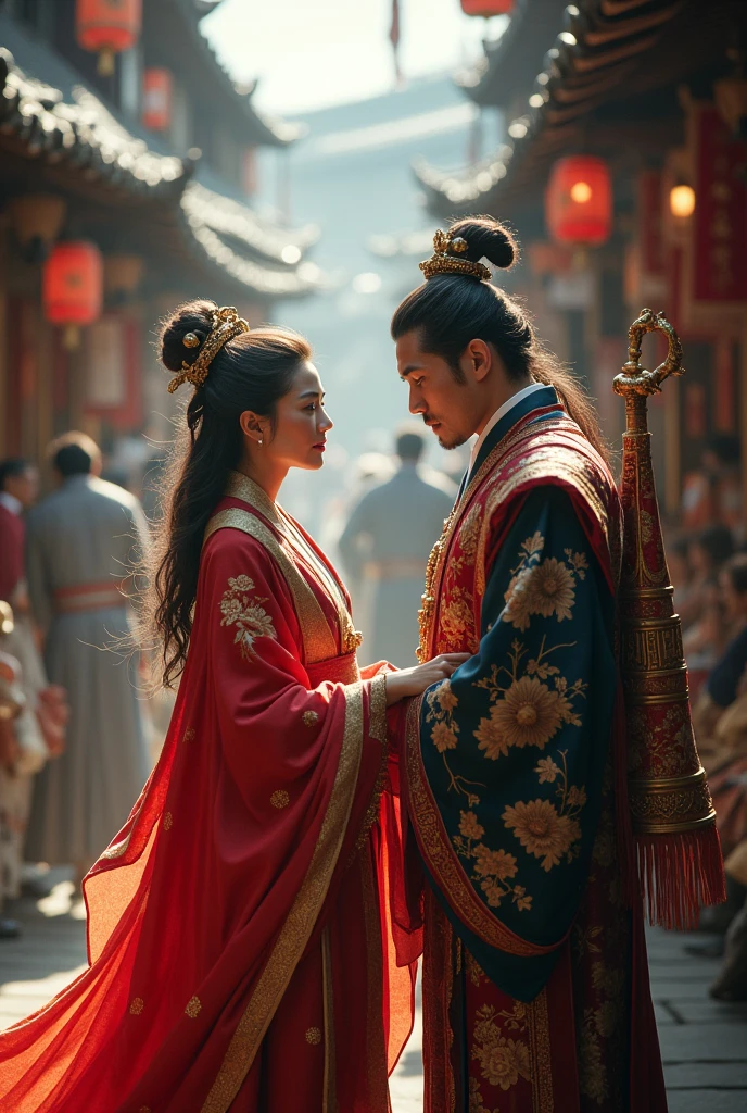 Japanese sorceress and emperor in a market in the year 1800