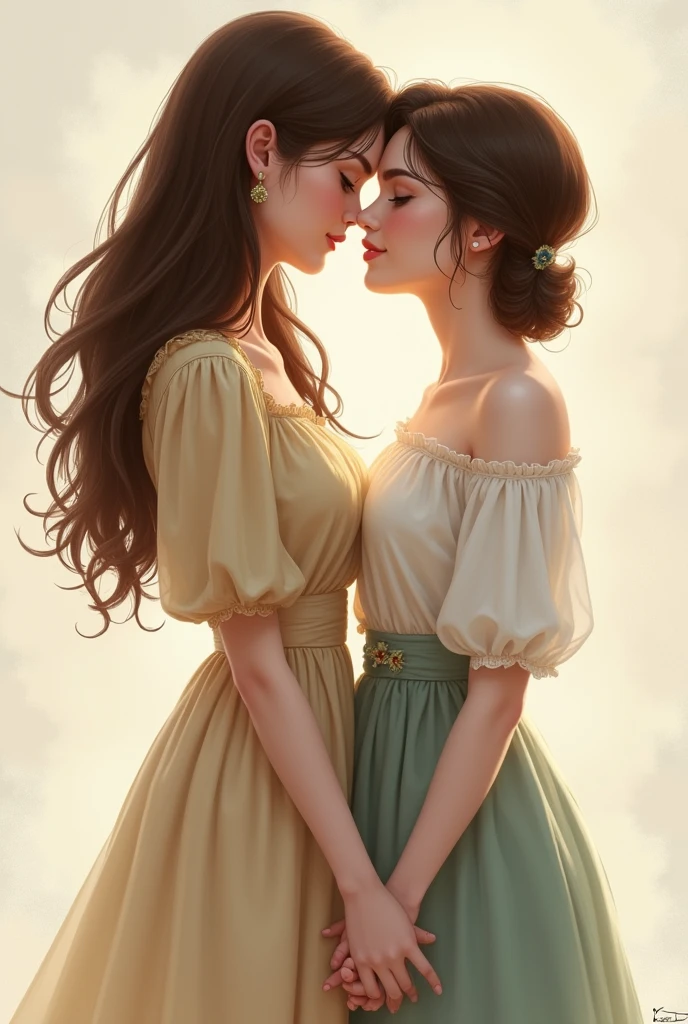 NOW CREATE A DRAWING OF 2 girls, one of them is tall with brown hair that reaches her back and has wavy hair and white skin and the other is a little shorter than the other, reaching her chin, she has skin that is a little less white with SHORT HAIR. ( LIKE ALICE THE GIRL FROM TWILIGHT )up to the ears and, that the two are hand in hand and very much in love , Remember that both are women THEY ARE MARRIED , THE SHORTEST GIRL HAS THE SHORTEST HAIR