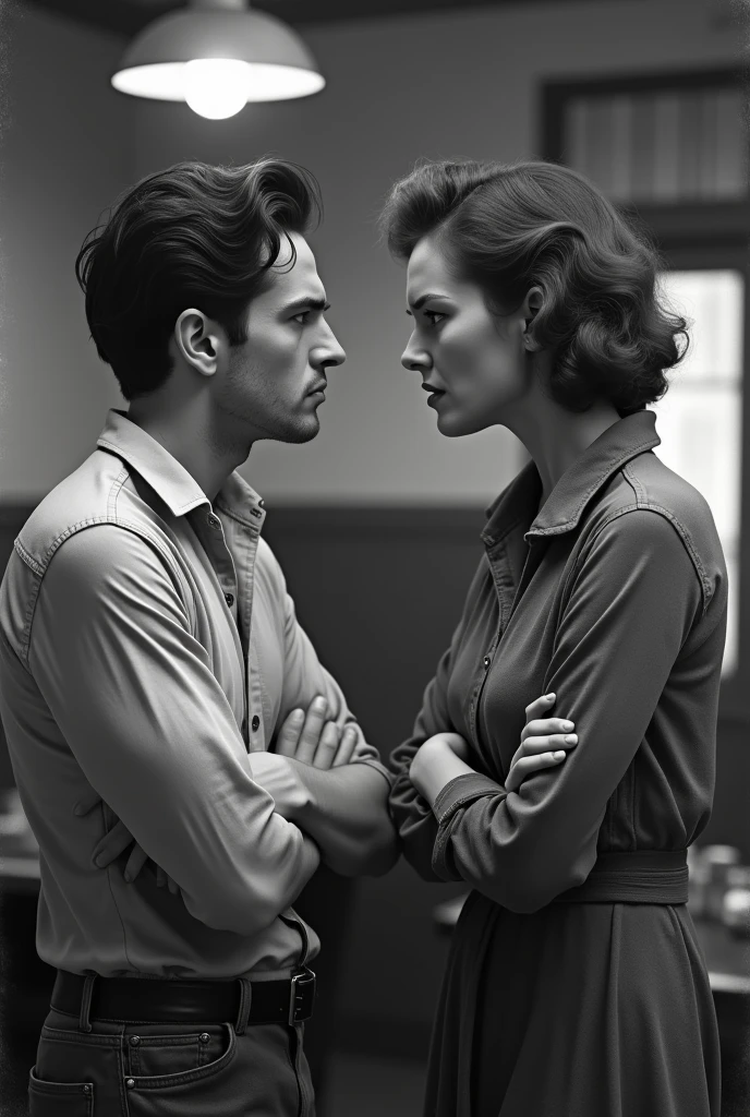 Old black and white image of a couple of 17 and s arguing