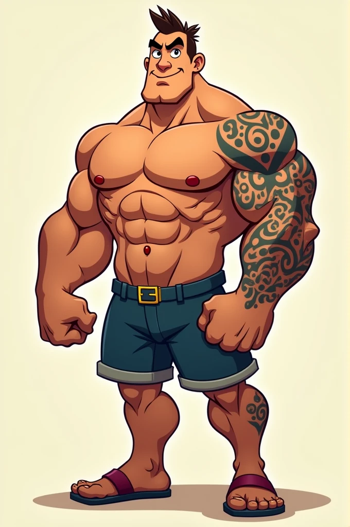 Create a cartoon man who is a bit strong and has only one tattooed arm!