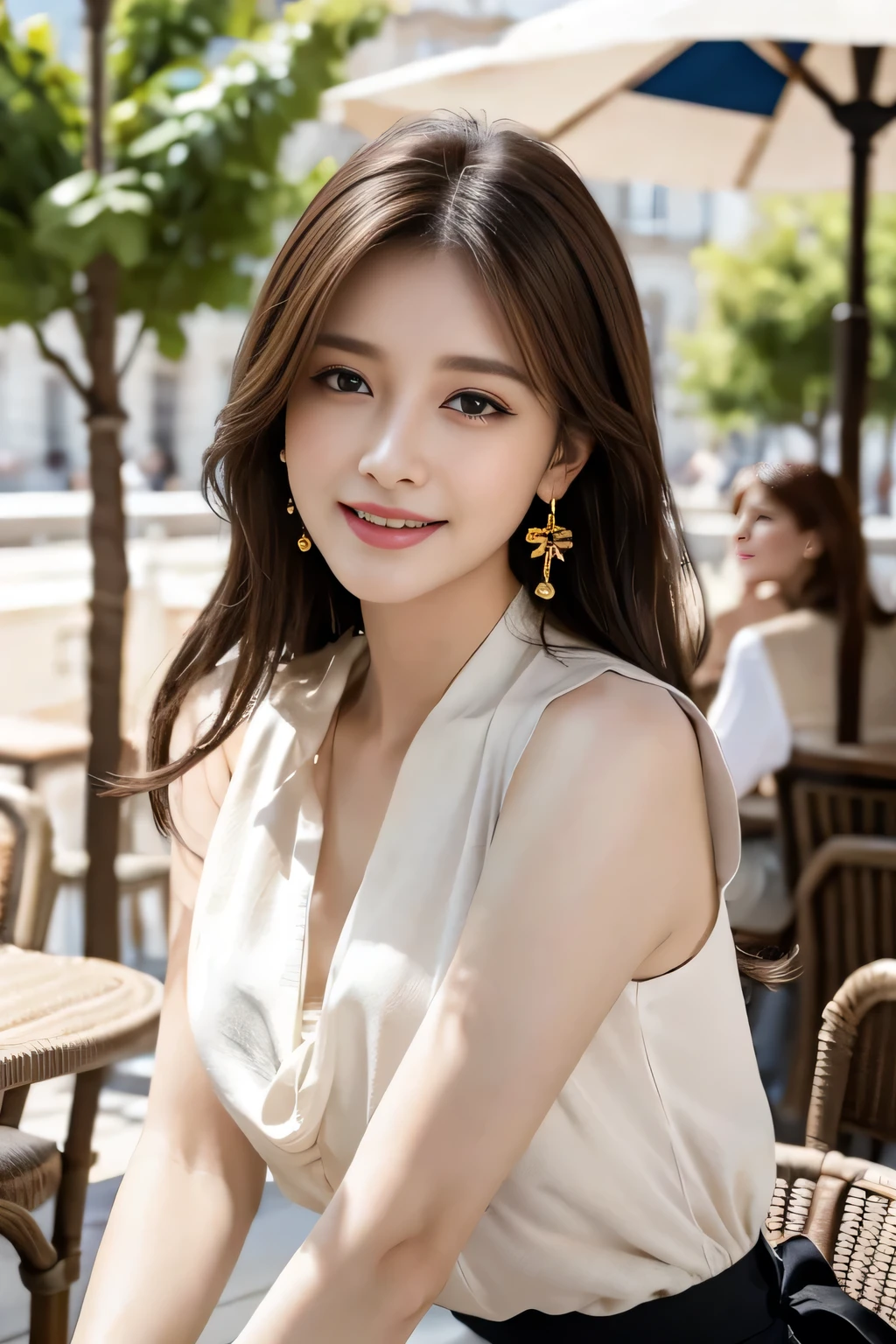 masterpiece, Highest quality, Realistic, Very detailed, Finer details, High resolution, 8k wallpaper, One beautiful woman,Wear a nice blouse, On the terrace of a lovely cafe, at noon, Light brown messy hair, Perfect dynamic composition, Beautiful and beautiful eyes、Big earrings、Sleeveless shirt、Laughter、