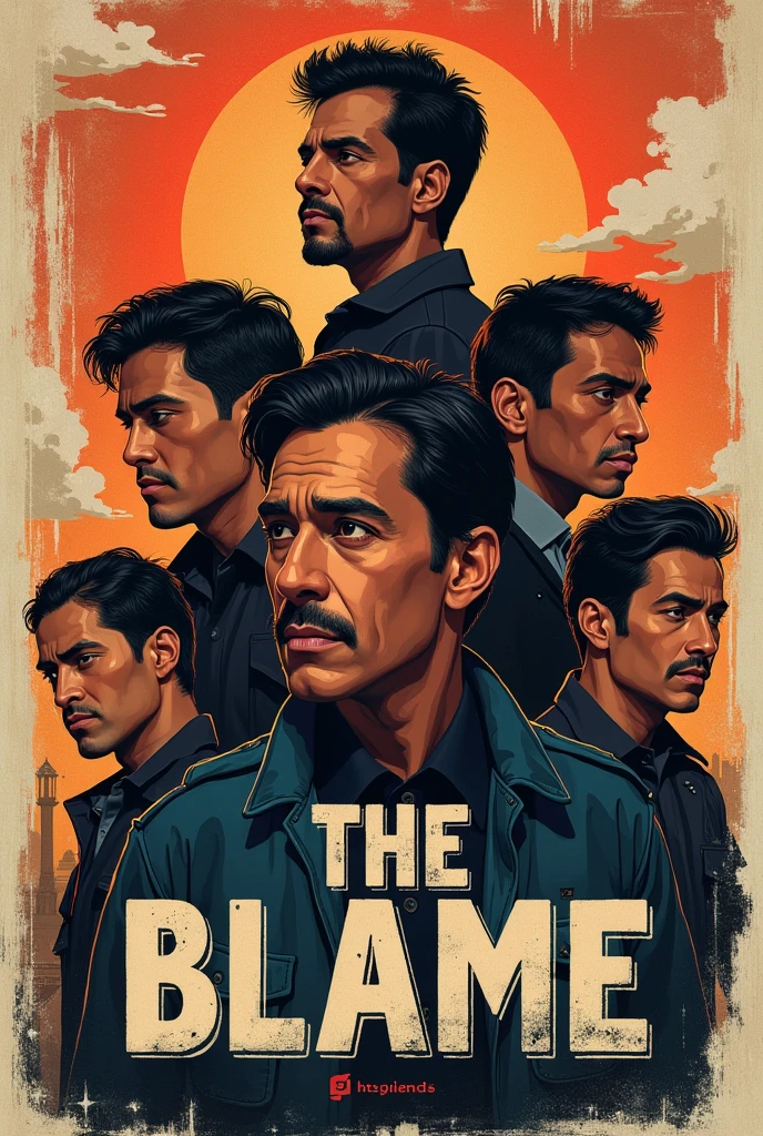 I want you to make an album cover with the title "The blame" and let there be 5 men called 1. Alvaro Lopez 2. Gonzalo Lopez 3. Francisco Duran 4. Mauricio lasts 5. Mauricio Basualto And let it be like a Chilean style art