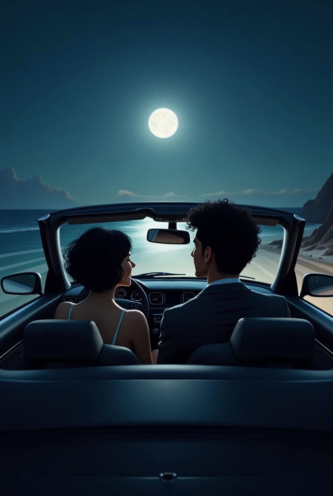um casal, man with curly hair and woman with short wavy black hair where they are inside a Mercedes going to the beach at night with a full moon