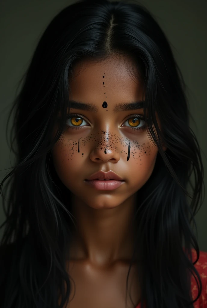 Indian age girl, dark skin brunette, black straight hair, light yellow eyes, splattered nose