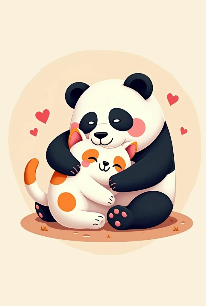 A logo of a panda and a white cat with orange spots hugging each other