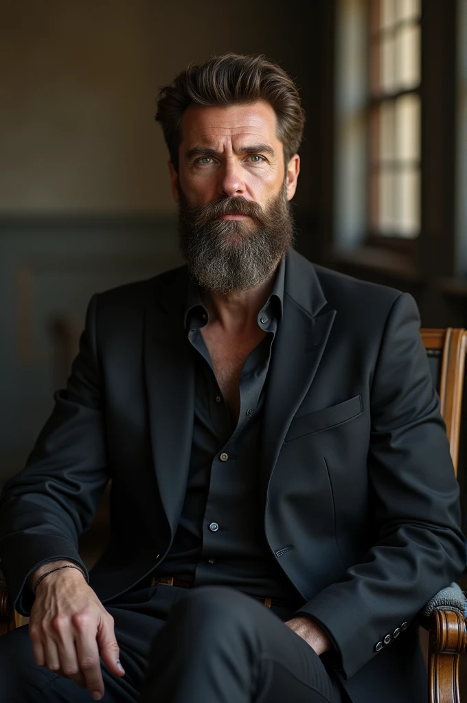 middle aged man, with beard, large eyes, thick lips, long legs, attractive 