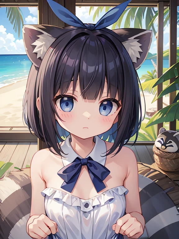 Young looking girl、under teen、Completely naked、Cute pose。 
Appearance、Raccoon ears on head、Layered bob hairstyle、Hair color is navy、Dark blue eyes、Collar with blue ribbon、A raccoon&#39;s tail coming out of his ass、A moderately plump body type、A cute atmosphere。 
The background is a tropical beach resort bedroom、A view of a tropical beach with palm trees from the large window at the back。
A composition in which both people&#39;s bodies are included in the image、Moe drawings using pen and watercolor。