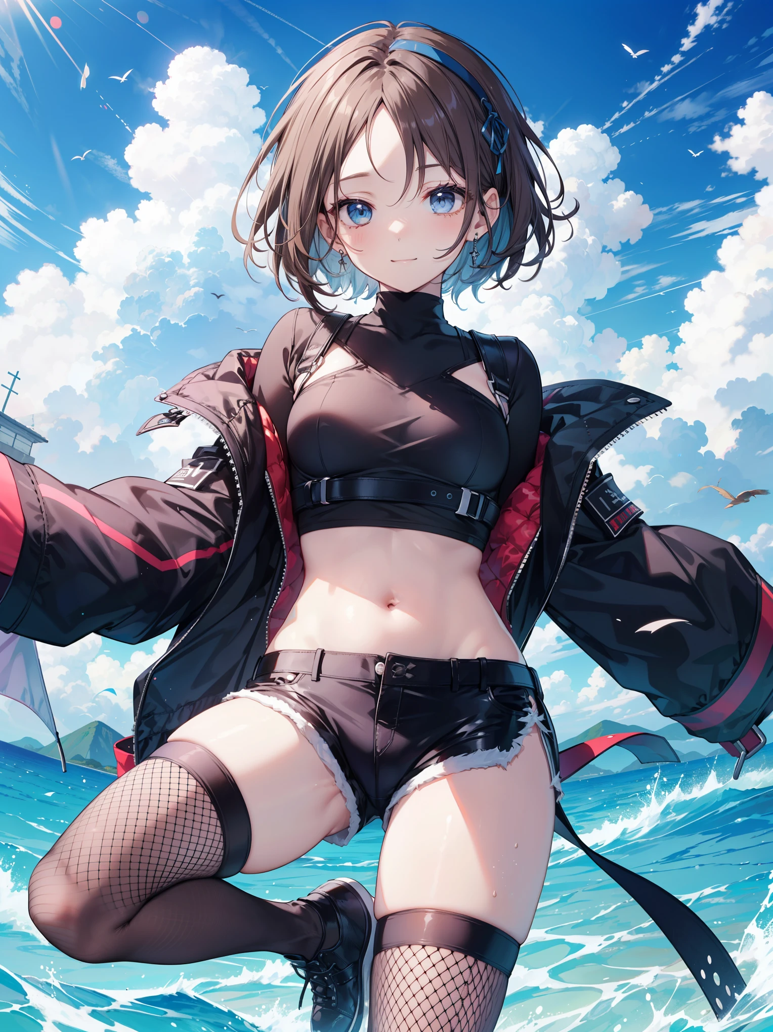 Anime, flat , (Ellen 18-years-old, short dark layered hair, Brown-eyed, small breast:1.0), hair clips 
Fantasy Rogue outfit, belt, spread legs, sitting, smirk , groin , fantasy seaside park 