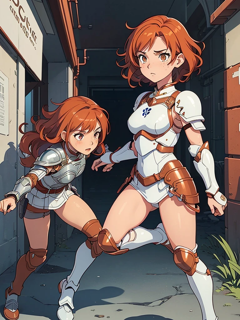 (masterpiece), (best quality), ((one girl)),(( red copper hair)),(brown eyes),short hair, curly hair, anime style, freckles, (small breast), (petite figure), legs,((white/blue armor)),(full body armor),(leg armor),(almond eyes) ,( tan skin)