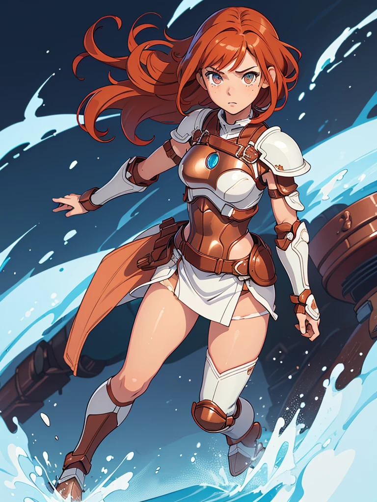 (masterpiece), (best quality), ((one girl)),(( red copper hair)),(brown eyes),short hair, curly hair, anime style, freckles, (small breast), (petite figure), legs,((white/blue armor)),(full body armor),(leg armor),(almond eyes) ,( tan skin)