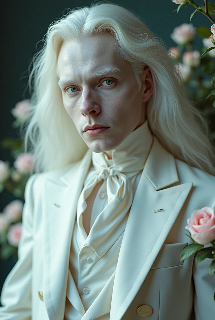 masterpiece, highest quality, solo , (perfect face:1.1), (high detail:1.1), dramatic, (1guy), pale skin, (long pure white hair:1.4), white eyes, Otto Seppalainen, solo, long hair, white luxury suit, covered navel, snob, albino, pouty lips, devil magician, volumetric lighting, detailed eyes, cinematic lighting, hyper detailed, intricately detailed, overwhelmingly pixel perfect, roses, fashion, seductive pose, on side BalenciagaStyle