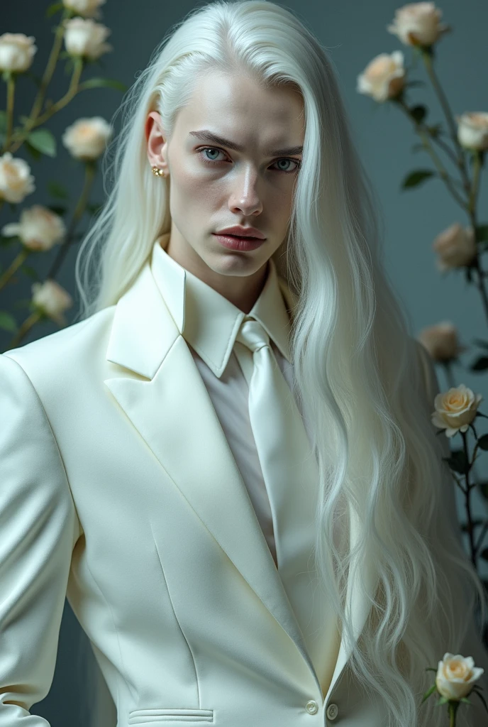 masterpiece, highest quality, solo , (perfect face:1.1), (high detail:1.1), dramatic, (1guy), pale skin, (long pure white hair:1.4), white eyes, Otto Seppalainen, solo, long hair, white luxury suit, covered navel, snob, albino, pouty lips, devil magician, volumetric lighting, detailed eyes, cinematic lighting, hyper detailed, intricately detailed, overwhelmingly pixel perfect, roses, fashion, seductive pose, on side BalenciagaStyle