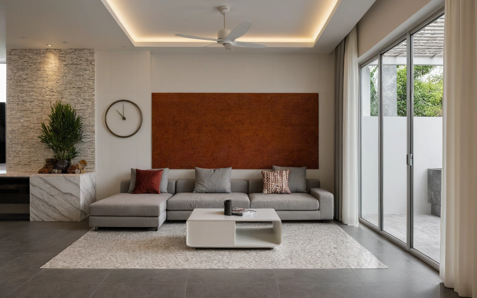 Raw photo,Masterpiece, high quality, best quality, authentic, surreal, super detail, interior, livingroom, tile floor, use lots of curves, (curved wall), indoors, white color, white wall,(daylight:1.1), vivid color, (realistic:1.2 ),
