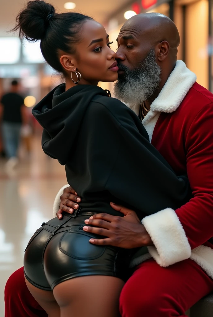 black woman hair in a bun black hoodie black leather short shorts excited and eyes wide open on her face setting in santa claus lap at the mall 8k
backside view low angle on top of santa french kissing and santa got his hands around her waist