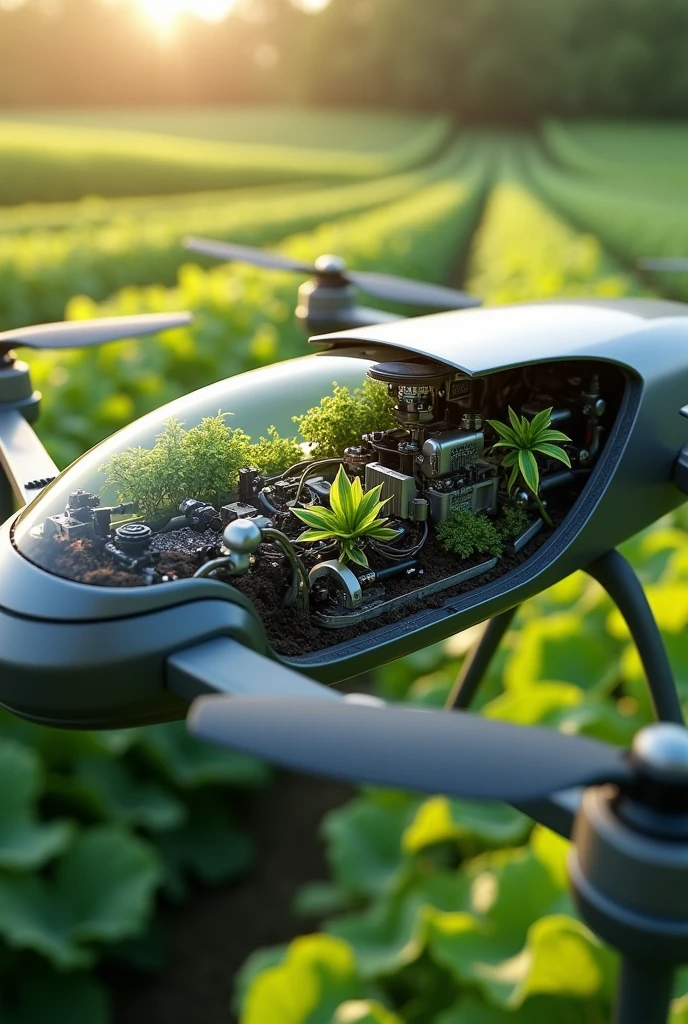 Show me the internal system of the drone with a biofertilizer irrigation system in specific places where the pests are located., pointing out each of its parts and materials