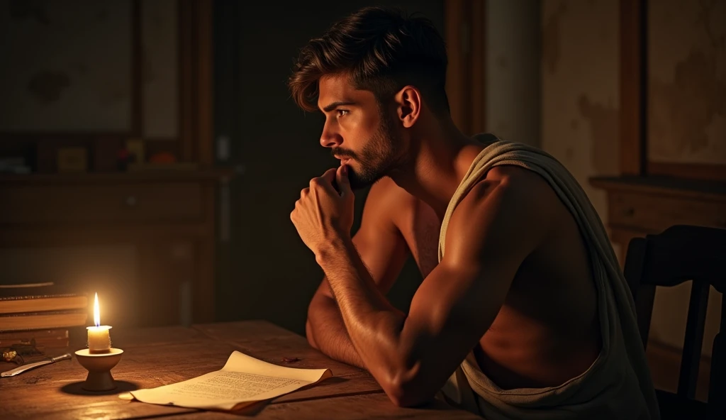 In a dimly lit Roman study, the young Stoic philosopher sits at a sturdy wooden table, his fingers gently touching his lips as he ponders deeply. The soft glow of an oil lamp flickers, casting warm light across his chiseled, bronzed features. His short, wavy hair is perfectly styled, and his beard is neatly trimmed, adding to his striking, sensual appearance. His tunic is slightly open, revealing a broad, muscular shoulder that catches the light, emphasizing his strong, well-defined physique. Scrolls and books are scattered across the table, while a quill lies beside a half-written parchment. The atmosphere is one of intense introspection as he considers the path forward, embodying the essence of personal empowerment and control. The photorealistic, 8k quality image captures the texture of the worn wood, the flickering shadows, and the contemplative, yet seductive, look in his eyes as he silently asks himself how to rise above the situation.