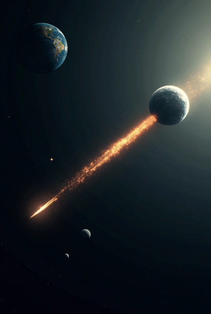 A distant Earth on the left,Halley's Comet on the right is heading towards the Earth,A spaceship in the middle