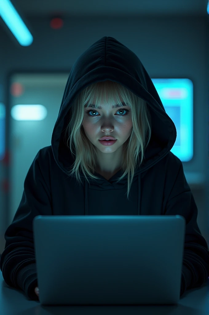 Beautiful hacker girl without sexualization. Has dark blonde hair, pale skin, doesn't wear glasses. Sits in front of opened laptop. Cyberpunk style. The laptop should be visible. The girl should be introverted and wearing hood on head