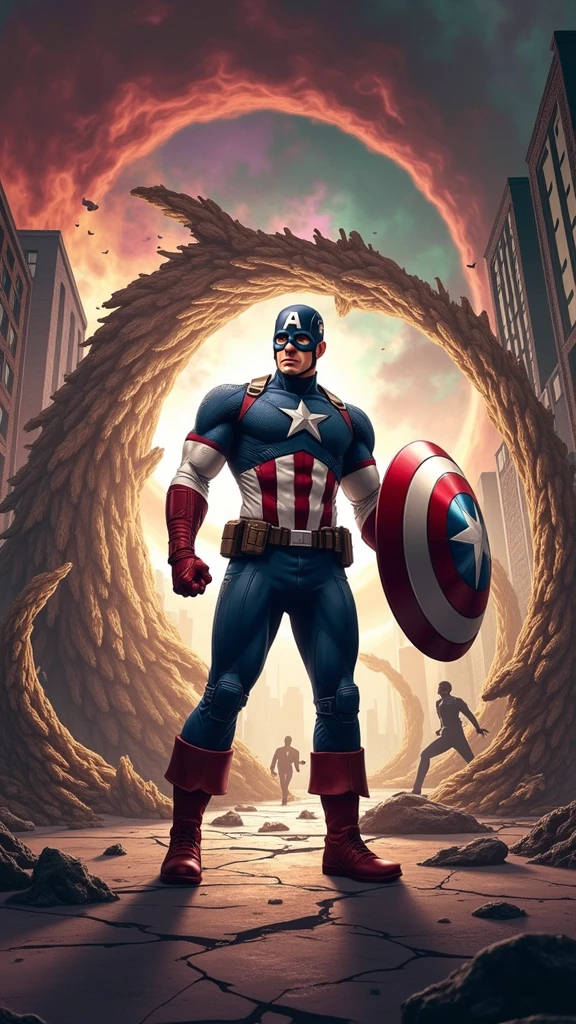Captain America stands in the middle of a collapsing reality, with the world around him bending, warping, and twisting in impossible ways. The focus is on the intense visual distortions that affect the environment and Captain America himself.
Detalhes Visuais: Captain America’s figure should appear slightly warped, as if being pulled in different directions by the forces distorting reality. His shield is now glowing more intensely, emitting pulses of energy trying to stabilize the chaos. The environment around him—buildings, trees, and even the ground—should look as if they are being stretched and twisted, with some elements bending towards the center where Captain America stands. Colors are exaggerated, with unnatural hues and patterns swirling in the air, creating a surreal atmosphere.
(The composition centers on Captain America, with the surrounding environment curving and spiraling towards him, emphasizing the idea that reality is collapsing inward. The perspective should be slightly tilted, adding to the sense of disorientation. In the background, fragments of past and future timelines should be faintly visible, adding layers of complexity to the scene)
Atenção ao Ambiente: The environment should reflect a mix of familiar elements (like buildings and natural features) that are twisted and distorted beyond recognition. The sky is a chaotic swirl of colors—deep reds, purples, and greens—reflecting the unnatural state of the world. The ground beneath Captain America is fractured, with pieces floating slightly off the surface, defying gravity.
Referências Emocionais: The atmosphere is chaotic and unsettling, with a strong sense of urgency. Captain America’s posture is tense, as he struggles to maintain his balance and composure amidst the collapsing reality. His face shows determination but also hints of fear as he confronts a force that threatens to tear apart everything he knows.
Equilíbrio entre Detalhe e Simplicidade: The image should balance the complexity o