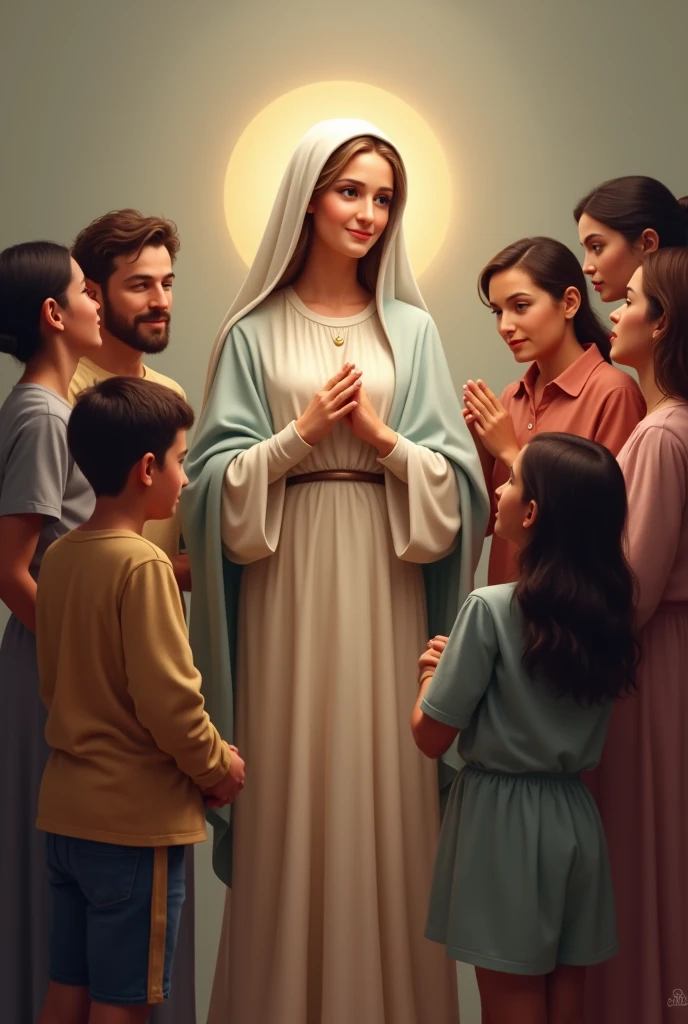 



Create a high definition image of Our Lady demonstrating compassion and empathy. She should have a kind smile and a welcoming look., surrounded by people of different backgrounds and ages, all in a scene of warm interaction. People around you should appear comforted and supported.. The setting should be soft and harmonious, with warm tones and soft light, conveying a feeling of connection and care."