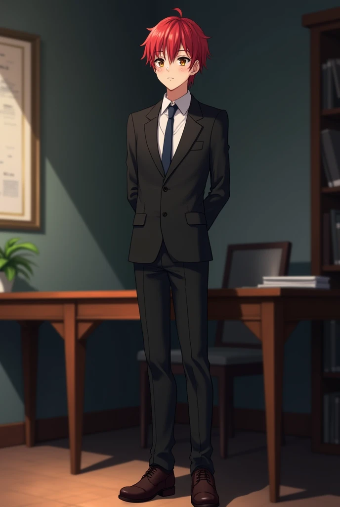 create an anime style image, There is a young adult man, thin but not that much, White skin, red hair and hazel brown eyes, He is wearing a black suit with a tie and dark brown shoes., He is standing next to a table with his hands behind his back and looking shy., The boy smiles shyly and there is a slight blush on his cheeks. The background is of an office that is dark. In the picture he is seen from head to toe. anime style