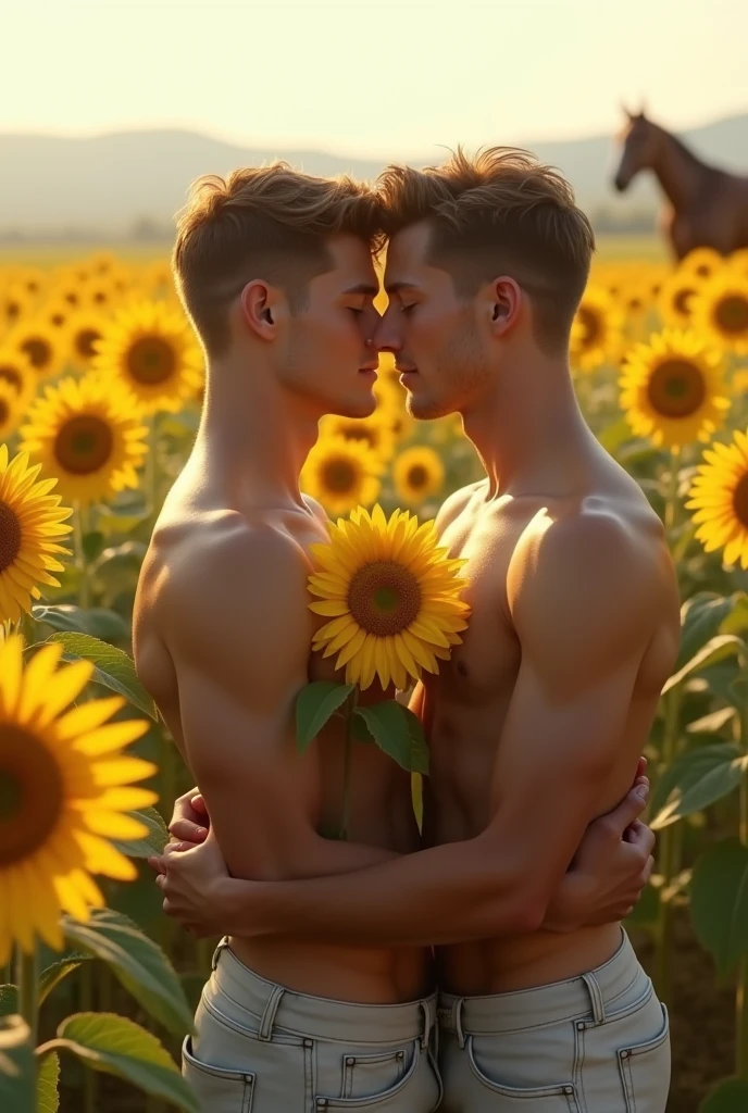 2 young gay man in love handsome beautiful white skin skinny soft skin cowboy with a sunflower in his hand in sunflower field shirtless with a horse
