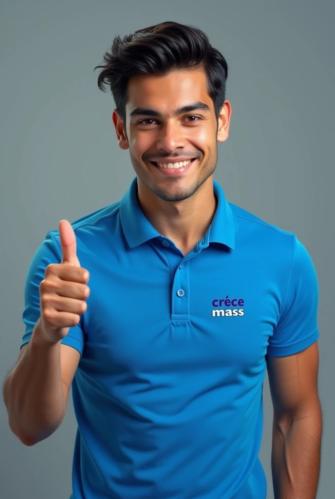 Create an image of a young white man with no beard in an electric blue shirt collar with a thumbs up. In addition, the polo shirt must have the words "CRECE MASS" woven in the chest.
Let him be a realistic man , black hair. latino