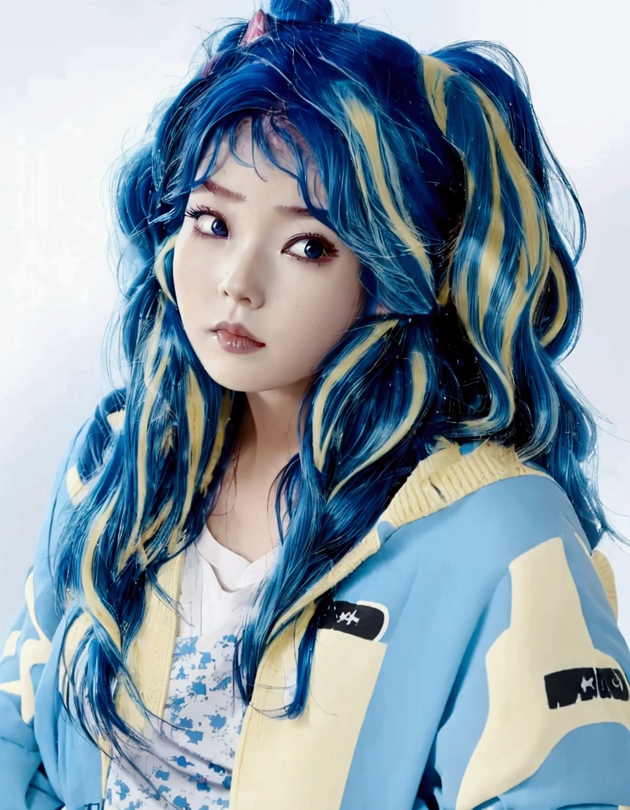 a close up of a person with blue hair and a hoodie, cosplay chica anime, colorful collection, anime inspired, beautiful blue hair girl, Light blue highlights in the hair, pretty girl with blue hair, ulzzang, blue hairstyle, wig, kawaii hairstyle, flowing blue hair, with blue hair, beautiful animated style, animated style, anime girl in real life