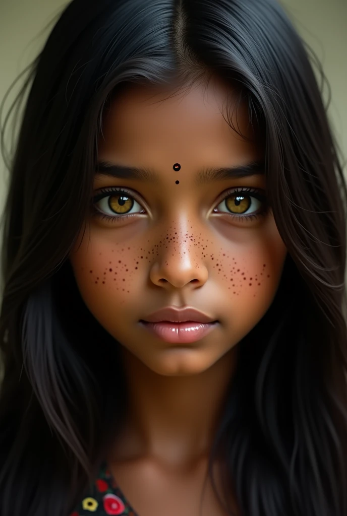 Indian age girl, dark skin brunette, straight and smooth hair hanging black color, light yellow eyes, splattered nose