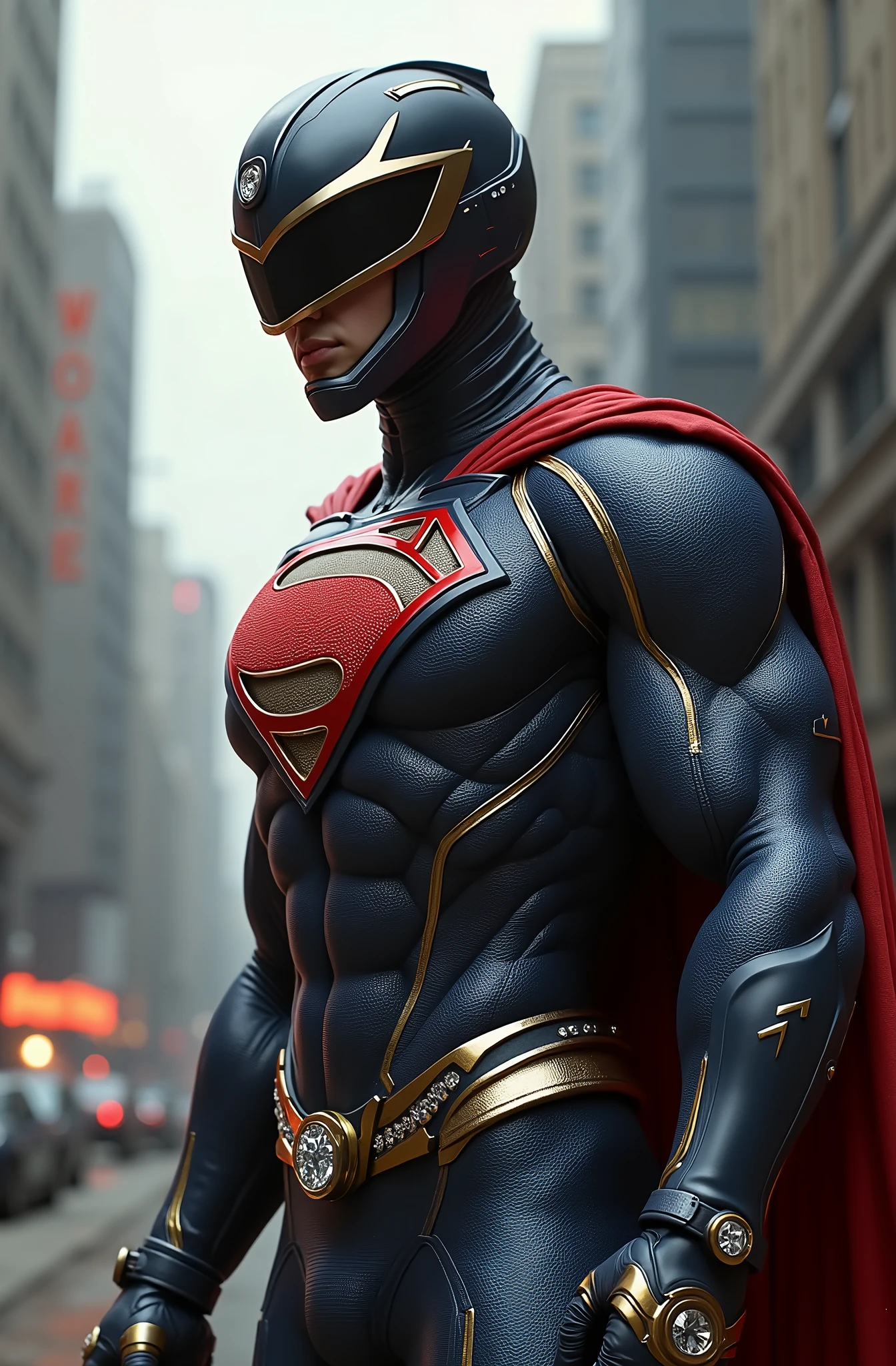superman version power ranger ultra realism with the helmet facing forward and with diamonds on his neck and a gun in his right hand and with diamond teeth smiling