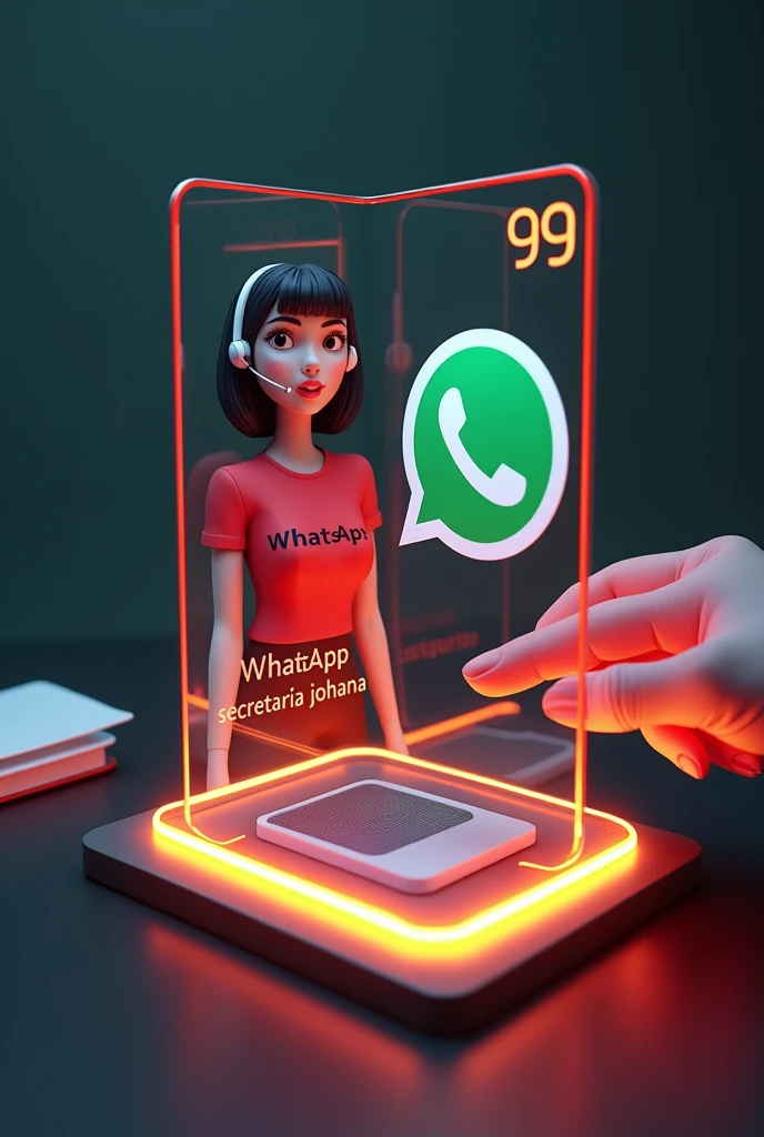 Create a glass id card of a WhatsApp profile placed on a black desk, that shows the large WhatsApp logo, create a 3D illustration of a latina woman with short hair, You must wear a red blouse with the phrase CREDITO printed in black and a white headset. The girl's photo in a circle icon with the name of the social network user WhatsApp Secretaría Johana in black below the profile photo and 99 written messages, WhatsApp card glows red and yellow on the edge. In one corner is the one held with two fingers.