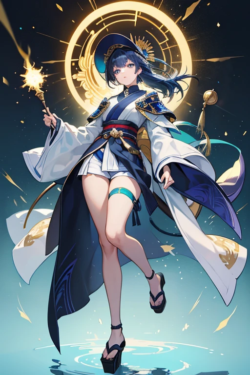she wears a large circular navy blue kasa hat, with golden details with the top part resembling a lotus, with a pair of light cyan strips of fabric that dangles from the back of her hat, attached with a pair of diamond-shaped trinkets. Accessories resembling the finials of a shakujo staff hang from these strips of light cyan fabric. sHe sports a tight black turtleneck bodysuit with long detached sleeves and a golden ornament attached to the center just beneath the collar, over which she wears a white kimono with large furisode-like sleeves in cyan coloration and an inner cyan tunic. sHe sports a pair of fingerless metallic gloves on each arm consisting of black straps wrapped around hre wrists giving it a bandage-like appearance.

Around her waist, the she  wears black hakama shorts, with a thick black and indigo obi belt, decorated at the front with a large black bow with indigo tassels that dangle off it, their color paling at the ends. she sports a pair of knee-high white gaiters, with a black toeless sock knee-high under it, using black geta sandals on her feet, with both legs secured around the top with indigo rope held together with a gold ornament with a singular tassel pinned to it. sHe wears a patterned blue half-cape with various tones that hangs off her left shoulder, where a large gold ornament containing his Anemo Vision is pinned along with a singular gold feather, which resembles the Plume of Luxury.

While wearing A Wrathful Void, when the Wanderer is in the Windfavored state from herElemental Skill, certain patterns on his turtleneck bodysuit, shorts, and gloves, on the neck, shoulders, chest, hips, upper arms, hands, and even her eyes in his Elemental Burst glow in the Anemo-aqua color. A symbol similar to the Raiden Shogun's appears on the back of her neck on her shirt. SPARKLE; GLITTER